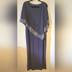 SLNY Blue Formal Capelet Dress with Silver Accents, Size 14P, New